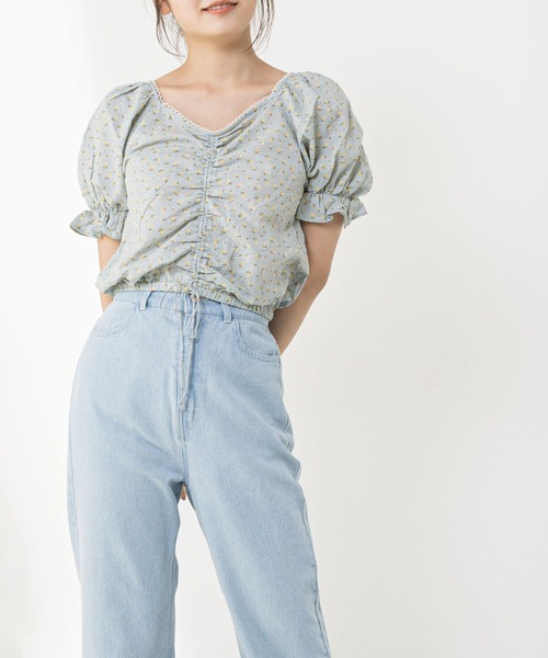 OLIVE des OLIVE（オリーブデオリーブ）の「多幸感クロップド胸くしゅブラウス（シャツ/ブラウス・レディース・ブラウン/オフホワイト/サックスブルー・FREE）」の14枚目の写真