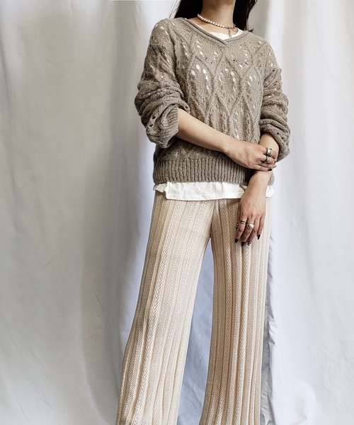 me+em select（ミームセレクト）の「クロシェプリーツニットワイドパンツ【裏地付き】（その他パンツ・レディース・ベージュ/ブラック/オートミール/イエロー/グリーン・FREE）」の14枚目の写真