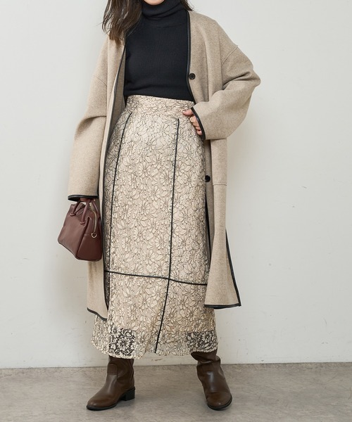 natural couture（ナチュラルクチュール）の「長さ変えられる合皮パイピングレーススカート（スカート・レディース・アイボリー/ブラック/ブラウン/グリーン・FREE）」の2枚目の写真