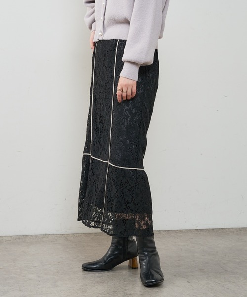 natural couture（ナチュラルクチュール）の「長さ変えられる合皮パイピングレーススカート（スカート・レディース・アイボリー/ブラック/ブラウン/グリーン・FREE）」の3枚目の写真