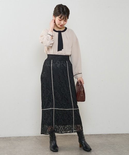 natural couture（ナチュラルクチュール）の「長さ変えられる合皮パイピングレーススカート（スカート・レディース・アイボリー/ブラック/ブラウン/グリーン・FREE）」の8枚目の写真