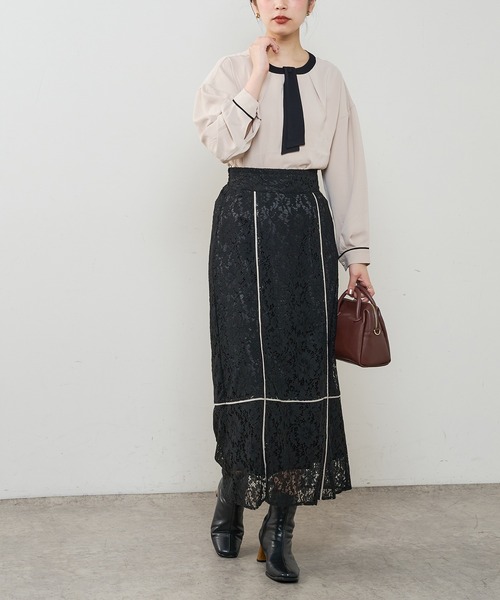 natural couture（ナチュラルクチュール）の「長さ変えられる合皮パイピングレーススカート（スカート・レディース・アイボリー/ブラック/ブラウン/グリーン・FREE）」の12枚目の写真