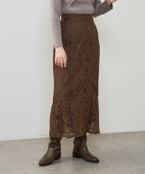 natural couture（ナチュラルクチュール）の「長さ変えられる合皮パイピングレーススカート（スカート・レディース・アイボリー/ブラック/ブラウン/グリーン・FREE）」の6枚目の写真