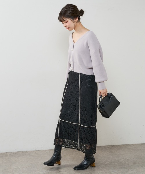 natural couture（ナチュラルクチュール）の「長さ変えられる合皮パイピングレーススカート（スカート・レディース・アイボリー/ブラック/ブラウン/グリーン・FREE）」の15枚目の写真