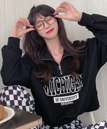 DEVICE | 薄手 韓国 古着風 カレッジロゴ ショート丈 ハーフジップ スウェット トレーナー(スウェット)