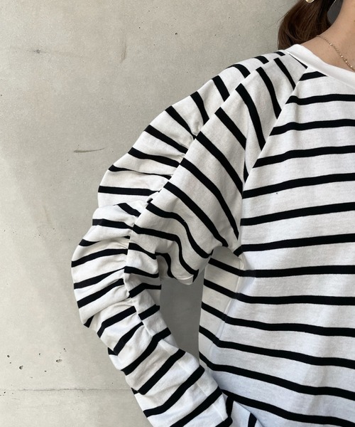 DouDou（ドゥドゥ）の「袖ギャザーボーダーTEE（Tシャツ/カットソー・レディース・その他・FREE）」の6枚目の写真