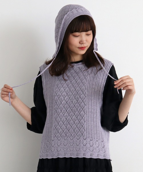 chambre de charme（シャンブルドゥシャーム）の「cdc すかし柄パッチワーク フリル帽（ニットキャップ/ビーニー・レディース・キナリ/パープル/ブラウン・FREE）」の3枚目の写真