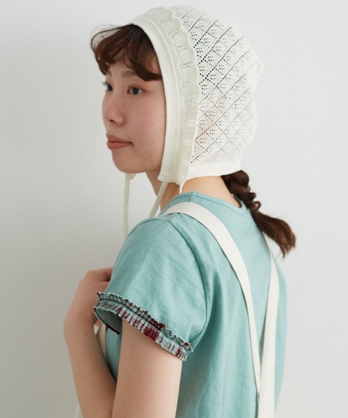 chambre de charme（シャンブルドゥシャーム）の「cdc すかし柄パッチワーク フリル帽（ニットキャップ/ビーニー・レディース・キナリ/パープル/ブラウン・FREE）」の6枚目の写真