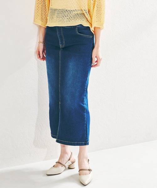 acro(アクロ)の「ハイウエストフロントスリットデニムナロースカート/AC1438(スカート・レディース・ブラック/ブルー・フリ-)」の1枚目の写真