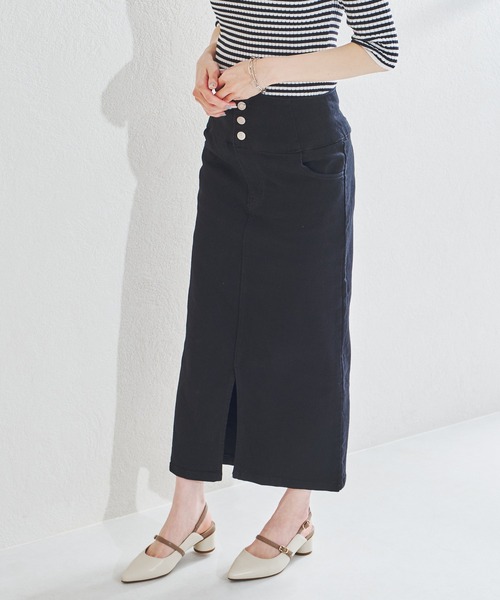 acro(アクロ)の「ハイウエストフロントスリットデニムナロースカート/AC1438(スカート・レディース・ブラック/ブルー・フリ-)」の2枚目の写真