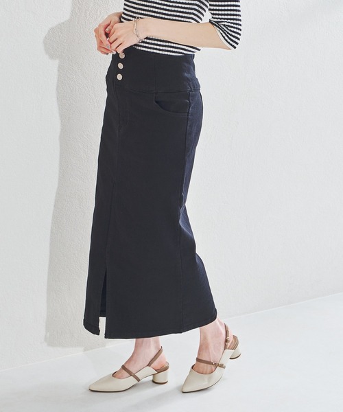 acro(アクロ)の「ハイウエストフロントスリットデニムナロースカート/AC1438(スカート・レディース・ブラック/ブルー・フリ-)」の5枚目の写真