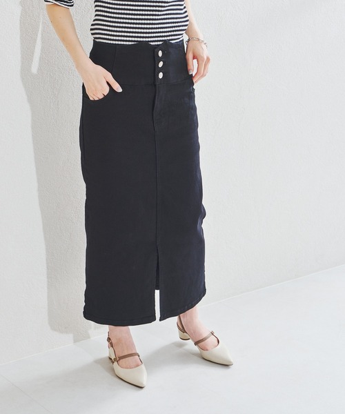 acro(アクロ)の「ハイウエストフロントスリットデニムナロースカート/AC1438(スカート・レディース・ブラック/ブルー・フリ-)」の7枚目の写真