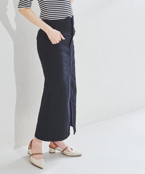 acro(アクロ)の「ハイウエストフロントスリットデニムナロースカート/AC1438(スカート・レディース・ブラック/ブルー・フリ-)」の9枚目の写真