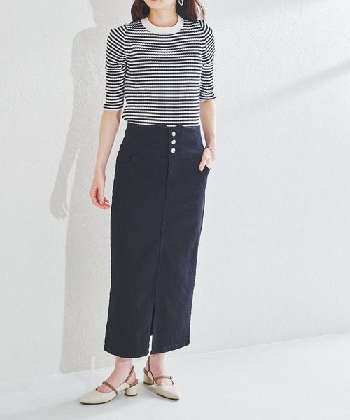 acro(アクロ)の「ハイウエストフロントスリットデニムナロースカート/AC1438(スカート・レディース・ブラック/ブルー・フリ-)」の6枚目の写真