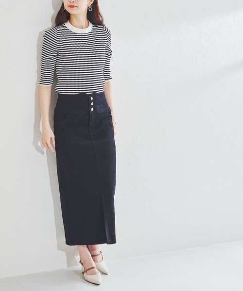 acro(アクロ)の「ハイウエストフロントスリットデニムナロースカート/AC1438(スカート・レディース・ブラック/ブルー・フリ-)」の8枚目の写真