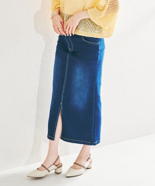 acro(アクロ)の「ハイウエストフロントスリットデニムナロースカート/AC1438(スカート・レディース・ブラック/ブルー・フリ-)」の15枚目の写真