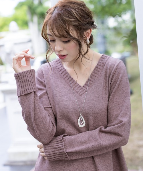 美品  約38,000円 Vネック リブニット チュニック 38 黒 GOLDJAPAN 大きいサイズ レディース トップス ニット チュニック
