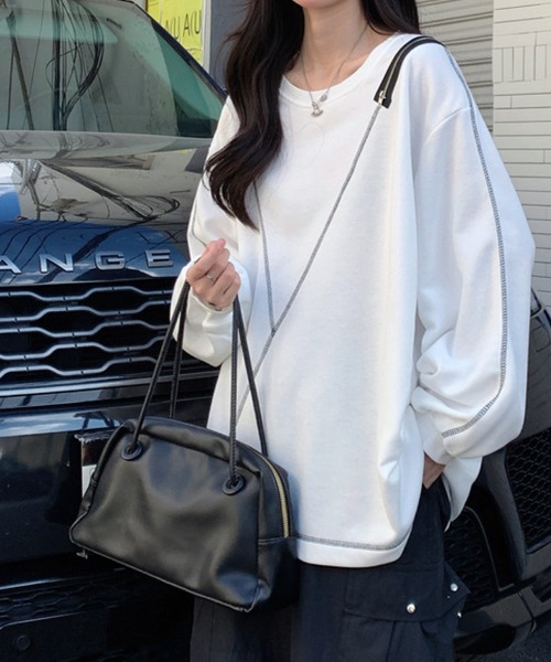 meJane(ミージェーン)の「アウトリンキングショルダーZIPデザインロングT(Tシャツ/カットソー・レディース・ホワイト/ブラック・FREE)」の3枚目の写真