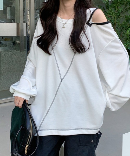 meJane(ミージェーン)の「アウトリンキングショルダーZIPデザインロングT(Tシャツ/カットソー・レディース・ホワイト/ブラック・FREE)」の17枚目の写真