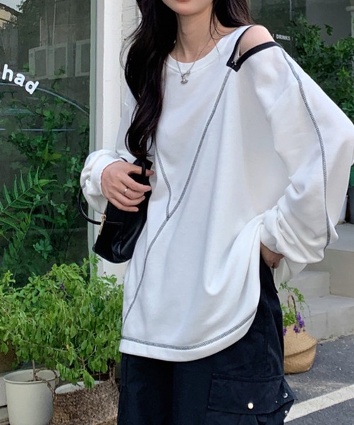 meJane(ミージェーン)の「アウトリンキングショルダーZIPデザインロングT(Tシャツ/カットソー・レディース・ホワイト/ブラック・FREE)」の9枚目の写真