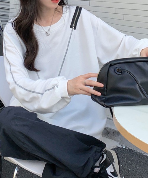 meJane(ミージェーン)の「アウトリンキングショルダーZIPデザインロングT(Tシャツ/カットソー・レディース・ホワイト/ブラック・FREE)」の15枚目の写真