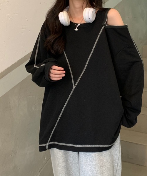 meJane(ミージェーン)の「アウトリンキングショルダーZIPデザインロングT(Tシャツ/カットソー・レディース・ホワイト/ブラック・FREE)」の10枚目の写真