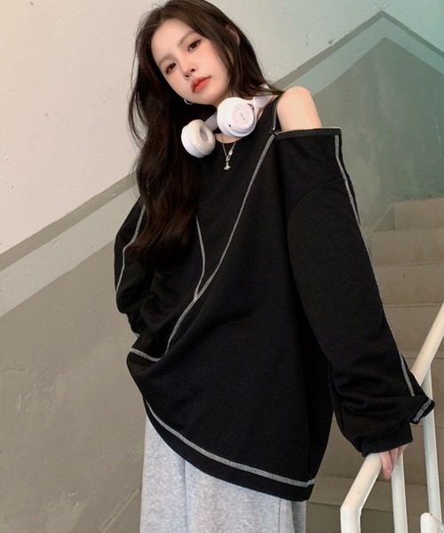 meJane(ミージェーン)の「アウトリンキングショルダーZIPデザインロングT(Tシャツ/カットソー・レディース・ホワイト/ブラック・FREE)」の5枚目の写真