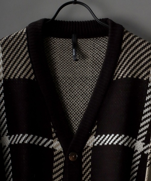 SITRY（シトリー）の「Balloon Sleeve Big silhouette Plaid Knit Cardigan/バルーンスリーブ ビッグシルエット チェック柄 ニット カーディガン/カーデ（カーディガン/ボレロ・メンズ・ネイビー/グリーン/ブラック・M/L/XL）」の4枚目の写真