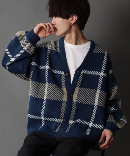 SITRY（シトリー）の「Balloon Sleeve Big silhouette Plaid Knit Cardigan/バルーンスリーブ ビッグシルエット チェック柄 ニット カーディガン/カーデ（カーディガン/ボレロ・メンズ・ネイビー/グリーン/ブラック・M/L/XL）」の15枚目の写真