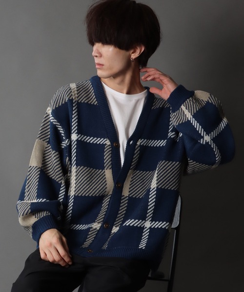 SITRY（シトリー）の「Balloon Sleeve Big silhouette Plaid Knit Cardigan/バルーンスリーブ ビッグシルエット チェック柄 ニット カーディガン/カーデ（カーディガン/ボレロ・メンズ・ネイビー/グリーン/ブラック・M/L/XL）」の16枚目の写真
