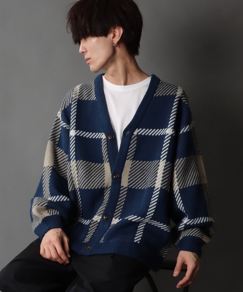 SITRY（シトリー）の「Balloon Sleeve Big silhouette Plaid Knit Cardigan/バルーンスリーブ ビッグシルエット チェック柄 ニット カーディガン/カーデ（カーディガン/ボレロ・メンズ・ネイビー/グリーン/ブラック・M/L/XL）」の18枚目の写真