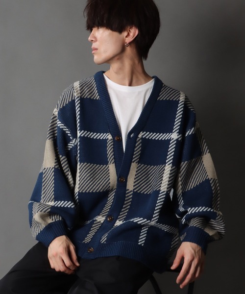 SITRY（シトリー）の「Balloon Sleeve Big silhouette Plaid Knit Cardigan/バルーンスリーブ ビッグシルエット チェック柄 ニット カーディガン/カーデ（カーディガン/ボレロ・メンズ・ネイビー/グリーン/ブラック・M/L/XL）」の19枚目の写真