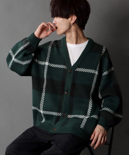 SITRY（シトリー）の「Balloon Sleeve Big silhouette Plaid Knit Cardigan/バルーンスリーブ ビッグシルエット チェック柄 ニット カーディガン/カーデ（カーディガン/ボレロ・メンズ・ネイビー/グリーン/ブラック・M/L/XL）」の22枚目の写真