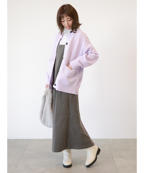 Lugnoncure（ルノンキュール）の「無撚糸地柄編みカーディガン（カーディガン/ボレロ・レディース・パープル/オフホワイト/チャコール・ﾌﾘ-）」の6枚目の写真