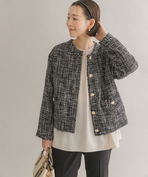 F by ROSSO(エフバイロッソ)の「F by ROSSO ツイードノーカラージャケット(その他アウター・レディース・ブラック/オフホワイト・FREE)」の3枚目の写真