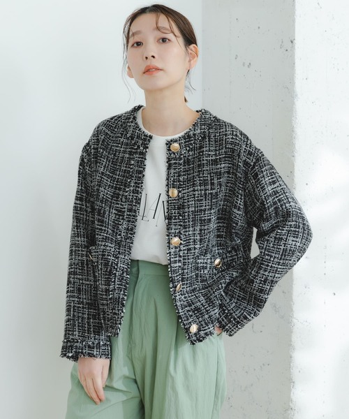 F by ROSSO(エフバイロッソ)の「F by ROSSO ツイードノーカラージャケット(その他アウター・レディース・ブラック/オフホワイト・FREE)」の4枚目の写真