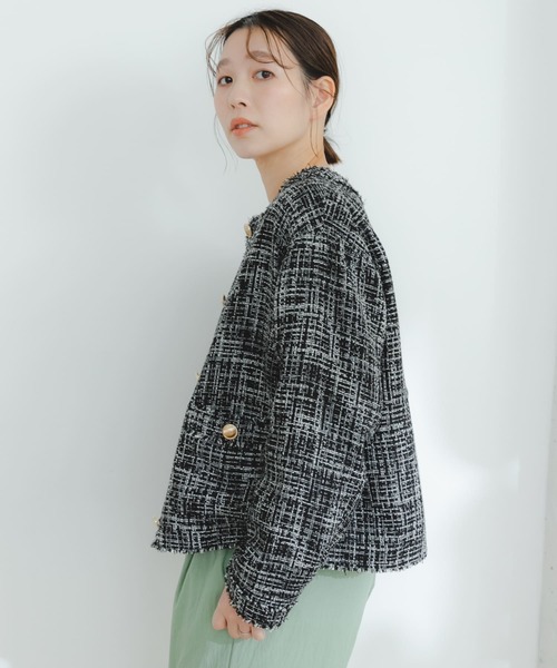 F by ROSSO(エフバイロッソ)の「F by ROSSO ツイードノーカラージャケット(その他アウター・レディース・ブラック/オフホワイト・FREE)」の10枚目の写真