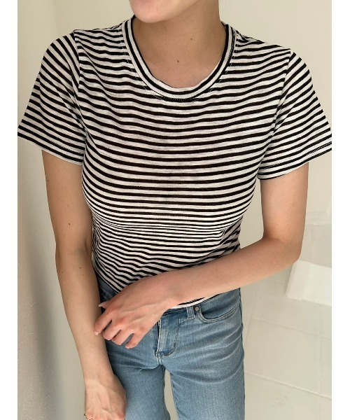 セール】クロップド丈細ボーダー柄Tシャツ（Tシャツ/カットソー