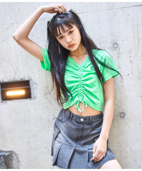 ANAP GｉRL（アナップガール）の「シャーリングトップスカットソー（Tシャツ/カットソー・キッズ・グリーン/アイボリー/ピンク・S/M/XS）」の5枚目の写真