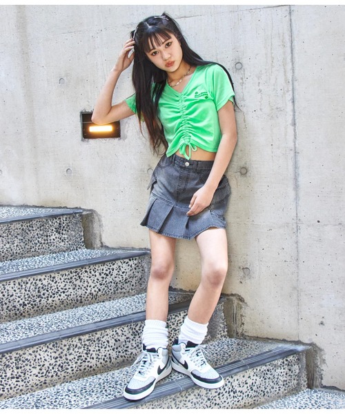 ANAP GｉRL（アナップガール）の「シャーリングトップスカットソー（Tシャツ/カットソー・キッズ・グリーン/アイボリー/ピンク・S/M/XS）」の6枚目の写真