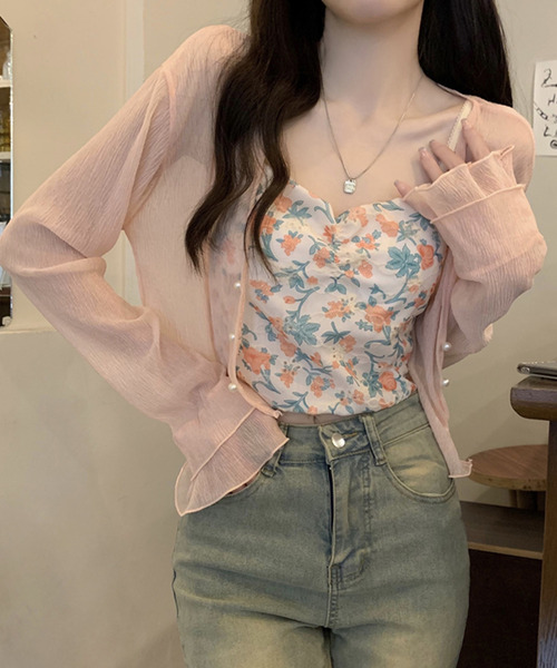 DAY CLOSET（デイ クローゼット）の「【クロップド丈】韓国っぽティアード袖。長袖パール調ボタンシアーカーディガン（カーディガン/ボレロ・レディース・ブラック/イエロー系その他/ピンク/ホワイト・M）」の4枚目の写真