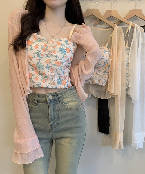 DAY CLOSET（デイ クローゼット）の「【クロップド丈】韓国っぽティアード袖。長袖パール調ボタンシアーカーディガン（カーディガン/ボレロ・レディース・ブラック/イエロー系その他/ピンク/ホワイト・M）」の6枚目の写真