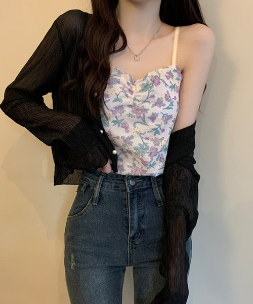 DAY CLOSET（デイ クローゼット）の「【クロップド丈】韓国っぽティアード袖。長袖パール調ボタンシアーカーディガン（カーディガン/ボレロ・レディース・ブラック/イエロー系その他/ピンク/ホワイト・M）」の7枚目の写真