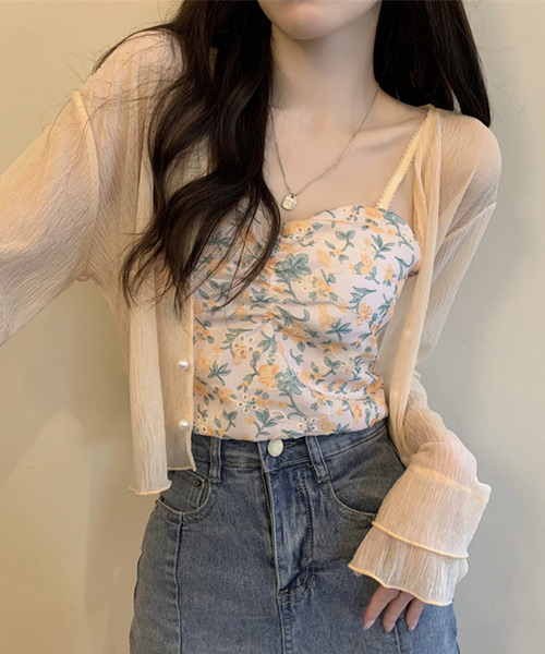 DAY CLOSET（デイ クローゼット）の「【クロップド丈】韓国っぽティアード袖。長袖パール調ボタンシアーカーディガン（カーディガン/ボレロ・レディース・ブラック/イエロー系その他/ピンク/ホワイト・M）」の9枚目の写真