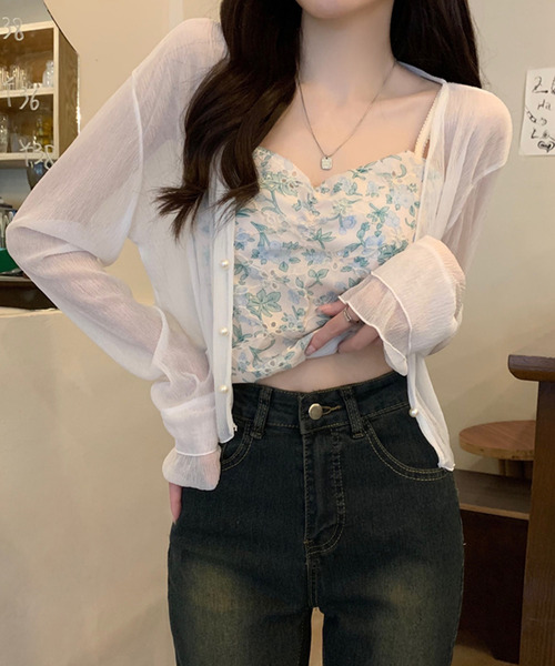 DAY CLOSET（デイ クローゼット）の「【クロップド丈】韓国っぽティアード袖。長袖パール調ボタンシアーカーディガン（カーディガン/ボレロ・レディース・ブラック/イエロー系その他/ピンク/ホワイト・M）」の16枚目の写真