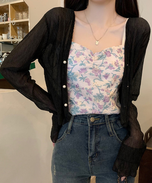 DAY CLOSET（デイ クローゼット）の「【クロップド丈】韓国っぽティアード袖。長袖パール調ボタンシアーカーディガン（カーディガン/ボレロ・レディース・ブラック/イエロー系その他/ピンク/ホワイト・M）」の15枚目の写真