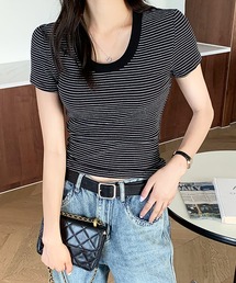 ピンボーダーコットンリブTシャツ