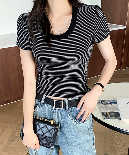 Girly Doll(ガーリードール)の「ピンボーダーコットンリブTシャツ(Tシャツ/カットソー・レディース・ライトブルー/ブラック/グレー・FREE)」の2枚目の写真