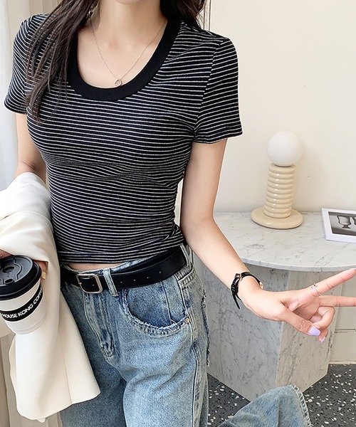 Girly Doll(ガーリードール)の「ピンボーダーコットンリブTシャツ(Tシャツ/カットソー・レディース・ライトブルー/ブラック/グレー・FREE)」の13枚目の写真