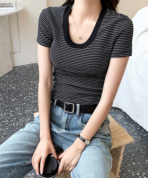 Girly Doll(ガーリードール)の「ピンボーダーコットンリブTシャツ(Tシャツ/カットソー・レディース・ライトブルー/ブラック/グレー・FREE)」の18枚目の写真